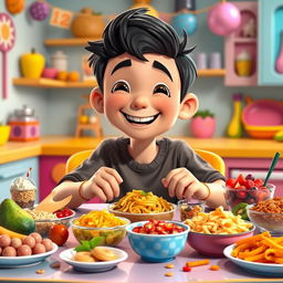 A character named Bryan who resembles the popular YouTuber Nikocado Avocado, depicted as a playful and humorous 13-year-old boy with dark hair styled in a cute manner