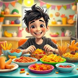 A character named Bryan who resembles the popular YouTuber Nikocado Avocado, depicted as a playful and humorous 13-year-old boy with dark hair styled in a cute manner