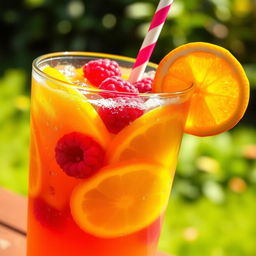 A refreshing glass of fruit soda filled to the brim with vibrant colors, featuring slices of fresh oranges, lemons, and raspberries floating at the top