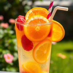 A refreshing glass of fruit soda filled to the brim with vibrant colors, featuring slices of fresh oranges, lemons, and raspberries floating at the top