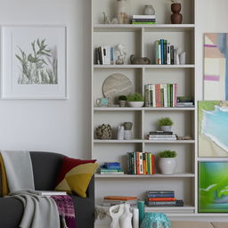 An apartment living room with a cool color palette. Features include a nature-inspired design, shelves full of books, and signs that a young, energetic, book-loving individual lives here.