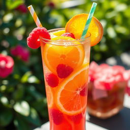 A refreshing glass of fruit soda filled to the brim with vibrant colors, featuring slices of fresh oranges, lemons, and raspberries floating at the top