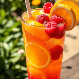 A refreshing glass of fruit soda filled to the brim with vibrant colors, featuring slices of fresh oranges, lemons, and raspberries floating at the top