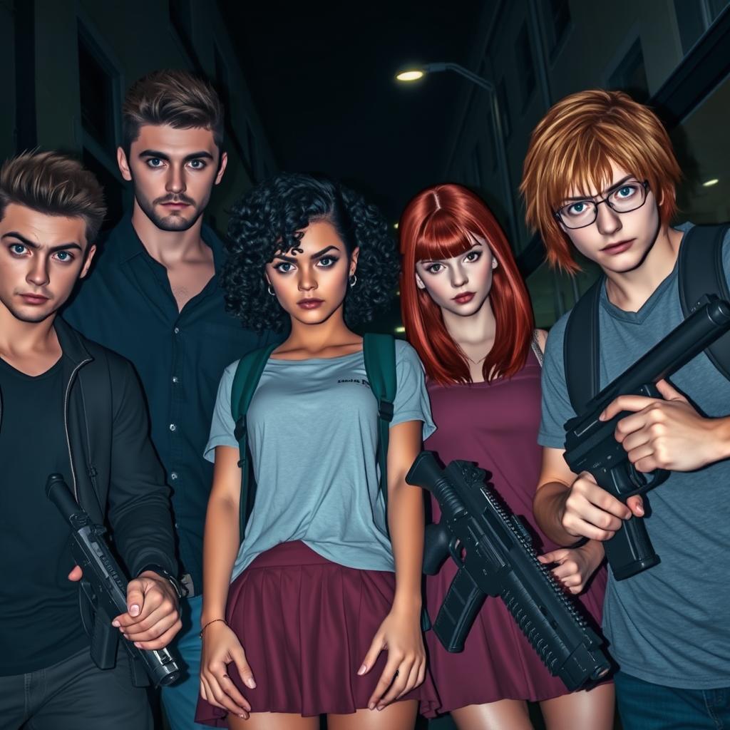 Four university students in a dark street, three girls and one boy, all appearing tall and angry