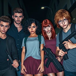 Four university students in a dark street, three girls and one boy, all appearing tall and angry