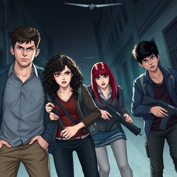Four university students in a dark street, three girls and one boy, all appearing tall and angry
