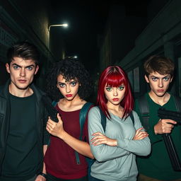 Four university students in a dark street, three girls and one boy, all appearing tall and angry