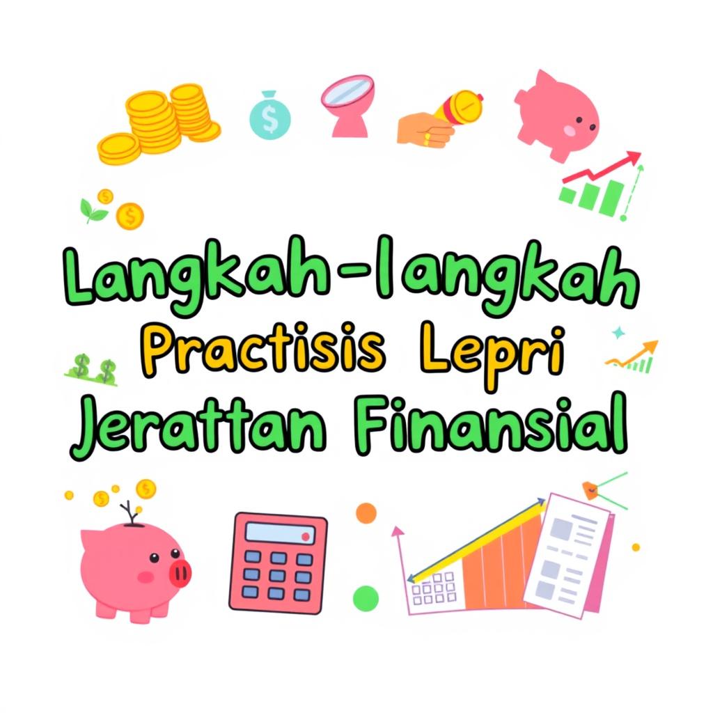 A visually engaging design featuring the phrase "Langkah-langkah Praktis Lepas dari Jeratan Finansial" in a playful and modern font