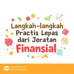 A visually engaging design featuring the phrase "Langkah-langkah Praktis Lepas dari Jeratan Finansial" in a playful and modern font