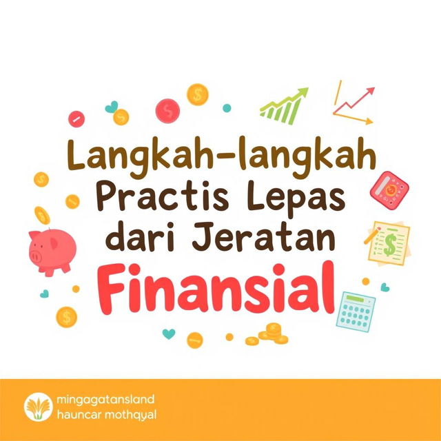 A visually engaging design featuring the phrase "Langkah-langkah Praktis Lepas dari Jeratan Finansial" in a playful and modern font