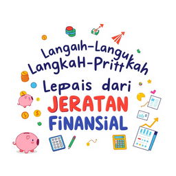 A visually engaging design featuring the phrase "Langkah-langkah Praktis Lepas dari Jeratan Finansial" in a playful and modern font