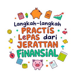 A visually engaging design featuring the phrase "Langkah-langkah Praktis Lepas dari Jeratan Finansial" in a playful and modern font