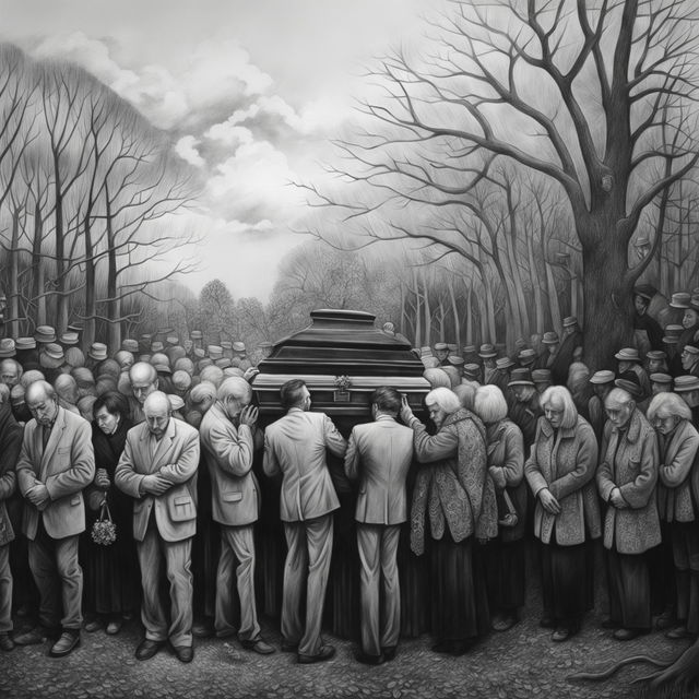 A black and white pencil drawing of a funeral scene