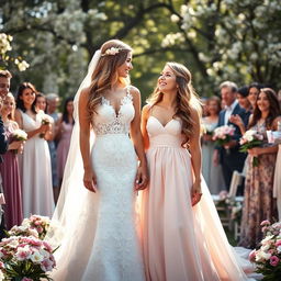 A heartwarming scene depicting a beautiful lady and her best friend on their wedding day, both in stunning bridal gowns