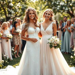 A heartwarming scene depicting a beautiful lady and her best friend on their wedding day, both in stunning bridal gowns