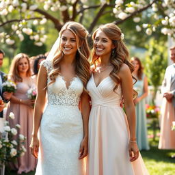 A heartwarming scene depicting a beautiful lady and her best friend on their wedding day, both in stunning bridal gowns