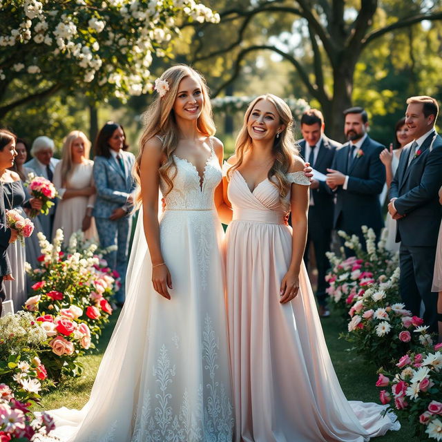 A heartwarming scene depicting a beautiful lady and her best friend on their wedding day, both in stunning bridal gowns