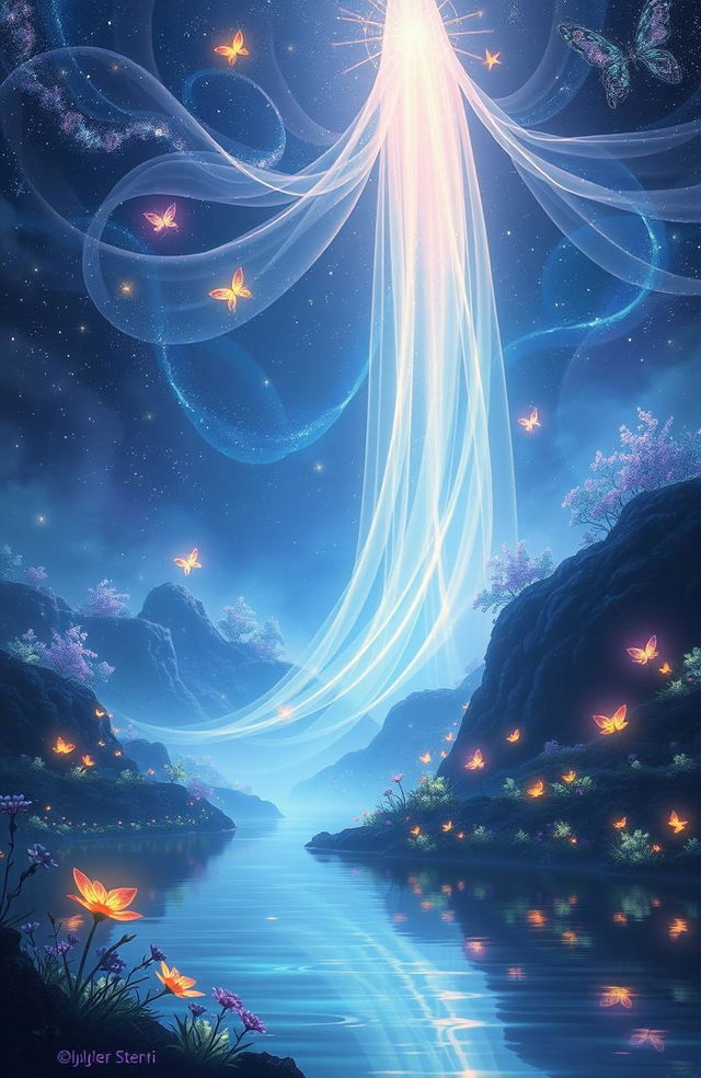 A mystical scene depicting 'The Veil of Lumora', a breathtaking ethereal landscape filled with luminescent plants that glow softly in various colors