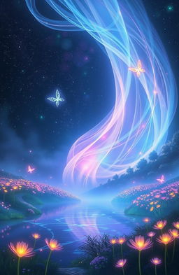 A mystical scene depicting 'The Veil of Lumora', a breathtaking ethereal landscape filled with luminescent plants that glow softly in various colors