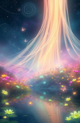A mystical scene depicting 'The Veil of Lumora', a breathtaking ethereal landscape filled with luminescent plants that glow softly in various colors