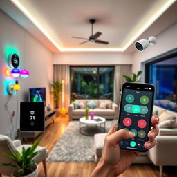 A vibrant and modern living room showcasing smart home automation in action