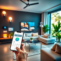 A vibrant and modern living room showcasing smart home automation in action