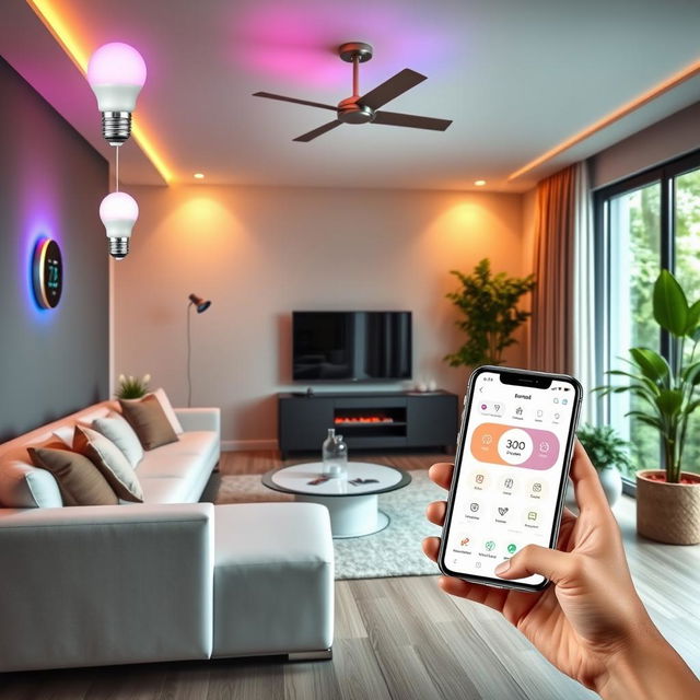 A vibrant and modern living room showcasing smart home automation in action