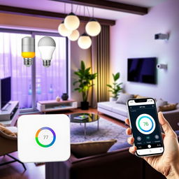 A vibrant and modern living room showcasing smart home automation in action