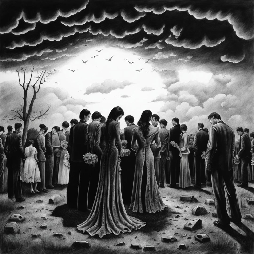 A black and white pencil drawing depicting a funeral