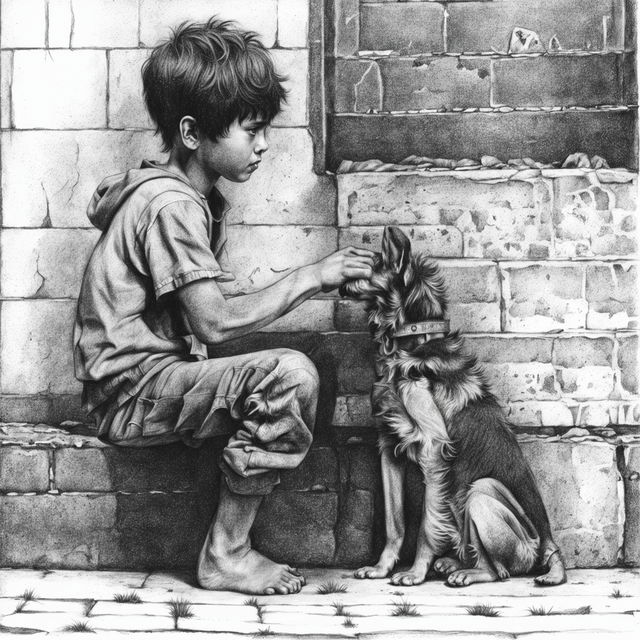 A black and white pencil drawing depicts a homeless boy and a stray dog on a deserted street