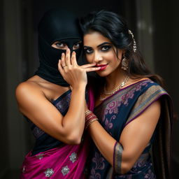 An alluring and dramatic scene featuring two women in exquisite sarees, embodying elegance and mystery