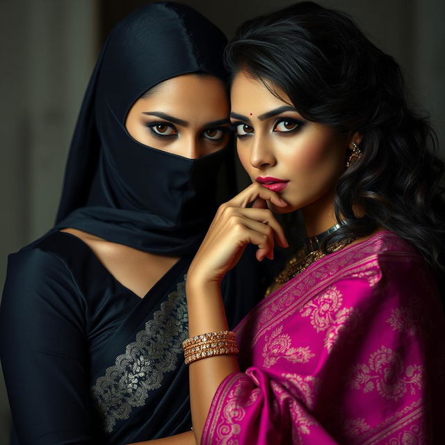 An alluring and dramatic scene featuring two women in exquisite sarees, embodying elegance and mystery