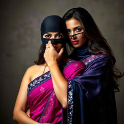 An alluring and dramatic scene featuring two women in exquisite sarees, embodying elegance and mystery