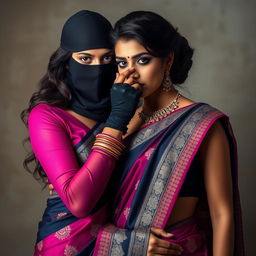 An alluring and dramatic scene featuring two women in exquisite sarees, embodying elegance and mystery