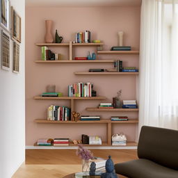 An apartment living room with a cool color palette. Features include a nature-inspired design, shelves full of books, and signs that a young, energetic, book-loving individual lives here.