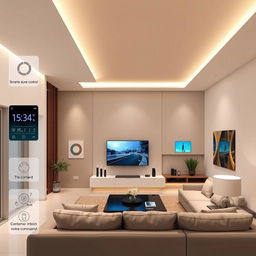 A modern smart home interior showcasing an advanced automation system