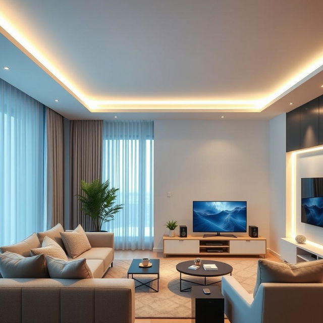 A modern smart home interior showcasing an advanced automation system