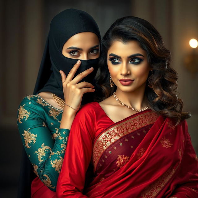 An enticing scene featuring two stunning women, embodying elegance and allure