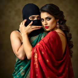An enticing scene featuring two stunning women, embodying elegance and allure