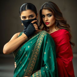 An enticing scene featuring two stunning women, embodying elegance and allure