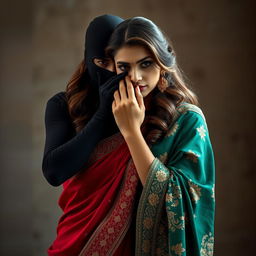 An enticing scene featuring two stunning women, embodying elegance and allure