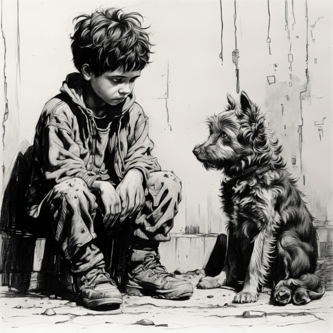 A black and white pencil drawing depicts a sad homeless boy and a stray dog sharing a moment of companionship on an empty street