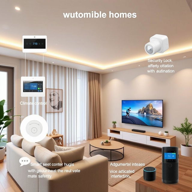 A contemporary smart home living room illustrating advanced automated features