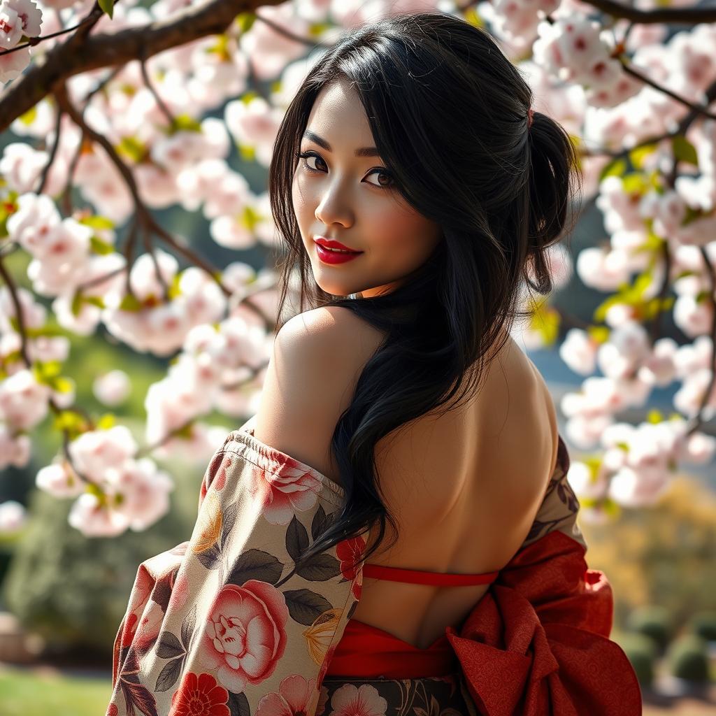 A beautiful Japanese woman with a curvy and sexy body, wearing an elegant traditional kimono adorned with intricate floral patterns