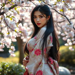 A beautiful Japanese woman with a curvy and sexy body, wearing an elegant traditional kimono adorned with intricate floral patterns