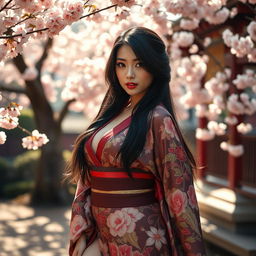 A beautiful Japanese woman with a curvy and sexy body, wearing an elegant traditional kimono adorned with intricate floral patterns