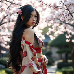A beautiful Japanese woman with a curvy and sexy body, wearing an elegant traditional kimono adorned with intricate floral patterns