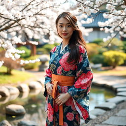 A beautiful model wearing a traditional Japanese yukata, showcasing intricate floral patterns in vibrant colors