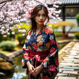 A beautiful model wearing a traditional Japanese yukata, showcasing intricate floral patterns in vibrant colors