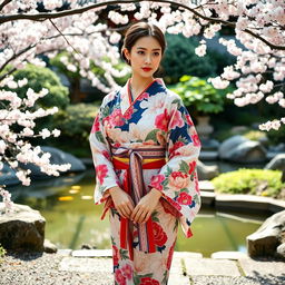 A beautiful model wearing a traditional Japanese yukata, showcasing intricate floral patterns in vibrant colors